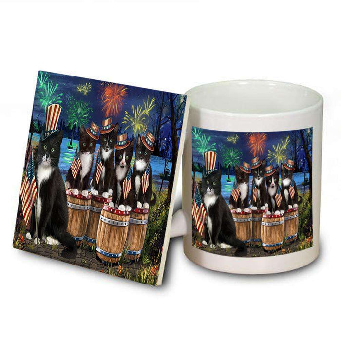 4th of July Independence Day Fireworks Tuxedo Cats at the Lake Mug and Coaster Set MUC51050