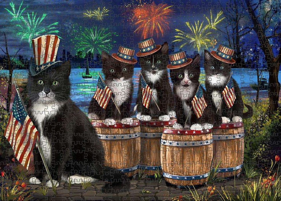 4th of July Independence Day Fireworks Tuxedo Cats at the Lake Puzzle with Photo Tin PUZL57036