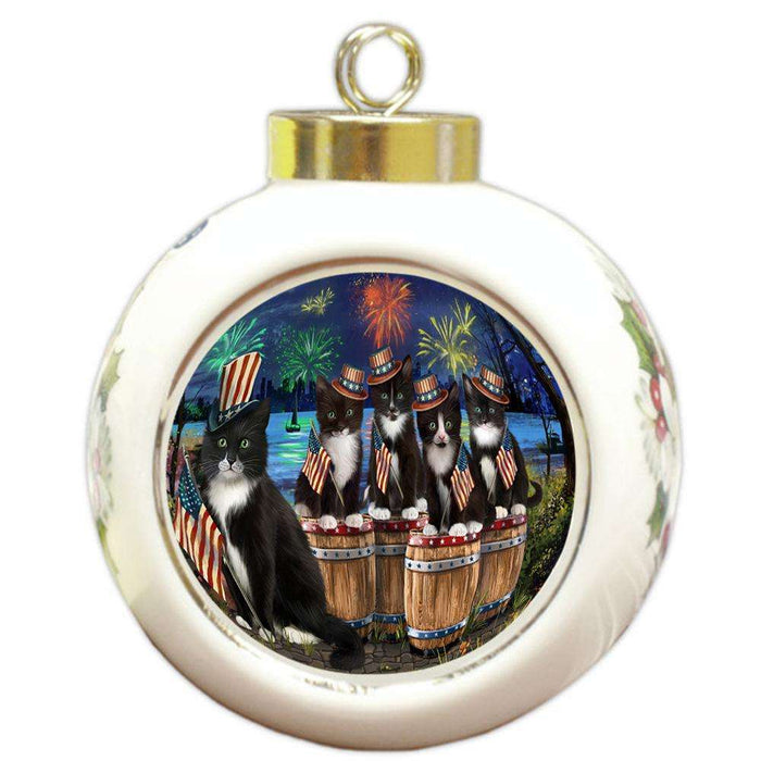 4th of July Independence Day Fireworks Tuxedo Cats at the Lake Round Ball Christmas Ornament RBPOR51058