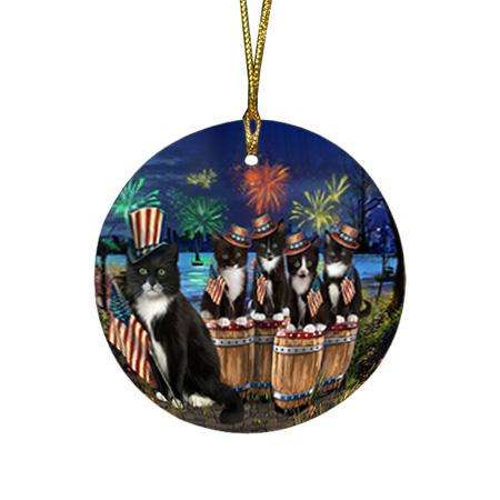 4th of July Independence Day Fireworks Tuxedo Cats at the Lake Round Flat Christmas Ornament RFPOR51049