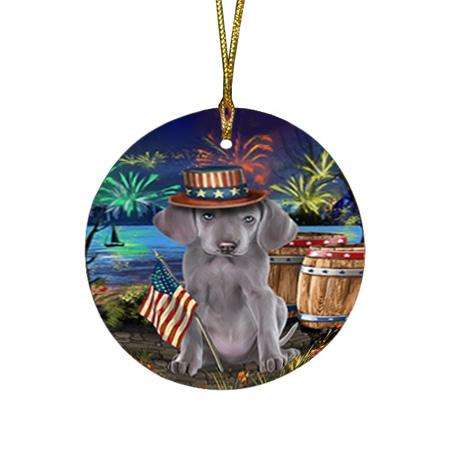4th of July Independence Day Fireworks Weimaraner Dog at the Lake Round Flat Christmas Ornament RFPOR51241