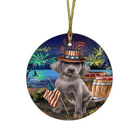4th of July Independence Day Fireworks Weimaraner Dog at the Lake Round Flat Christmas Ornament RFPOR51243