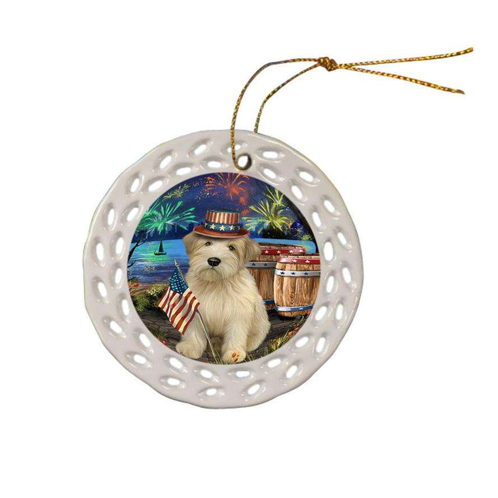 4th of July Independence Day Fireworks Wheaten Terrier Dog at the Lake Ceramic Doily Ornament DPOR51256