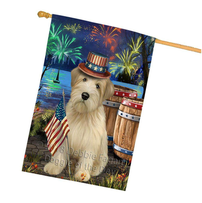 4th of July Independence Day Fireworks Wheaten Terrier Dog at the Lake House Flag FLG51314