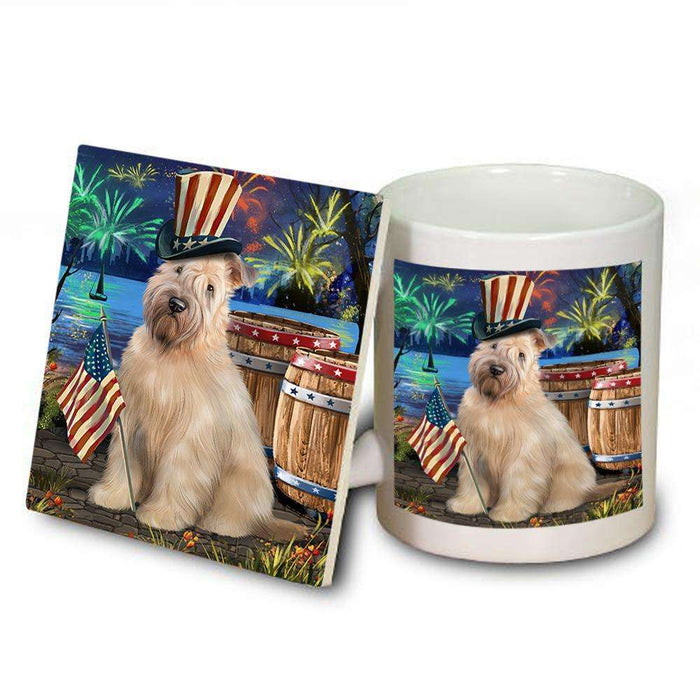 4th of July Independence Day Fireworks Wheaten Terrier Dog at the Lake Mug and Coaster Set MUC51245