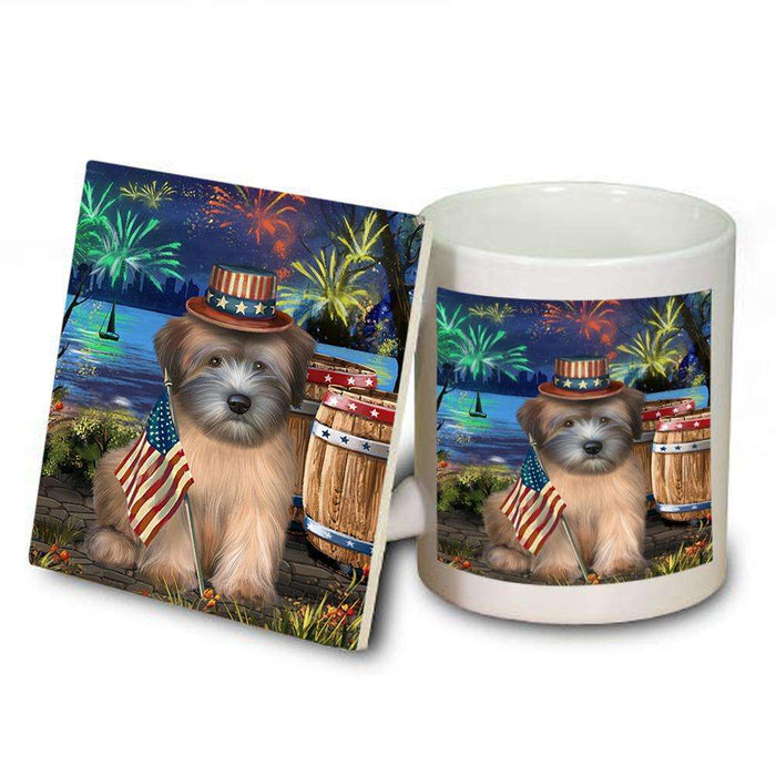 4th of July Independence Day Fireworks Wheaten Terrier Dog at the Lake Mug and Coaster Set MUC51247