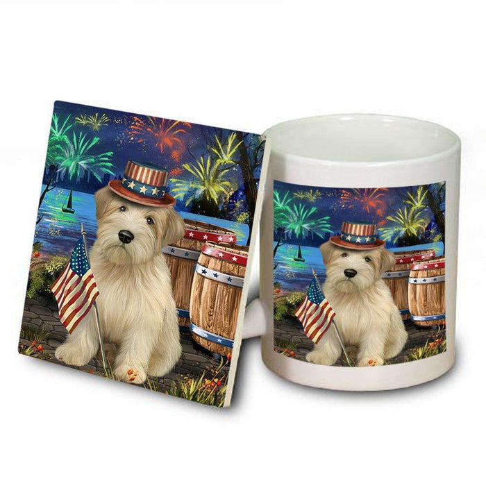 4th of July Independence Day Fireworks Wheaten Terrier Dog at the Lake Mug and Coaster Set MUC51248