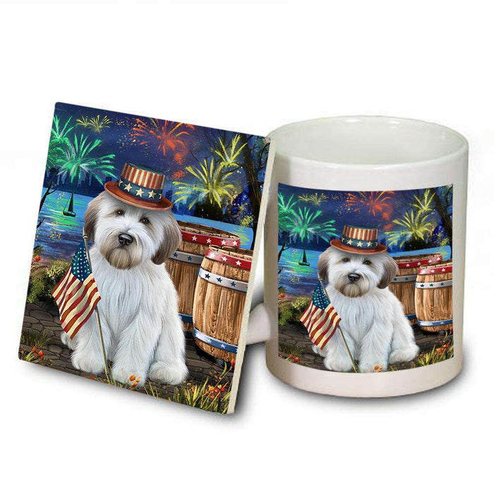 4th of July Independence Day Fireworks Wheaten Terrier Dog at the Lake Mug and Coaster Set MUC51249