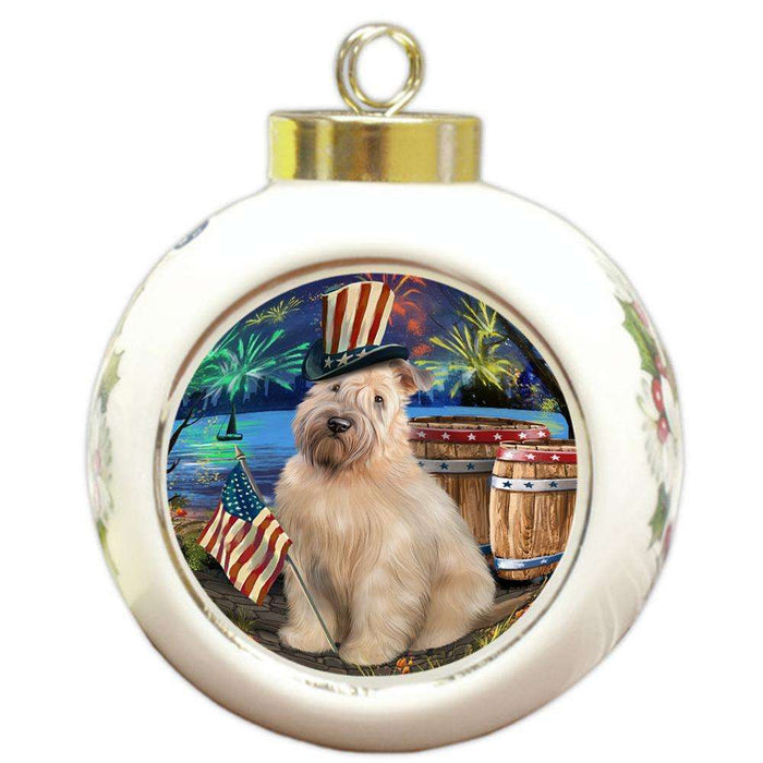 4th of July Independence Day Fireworks Wheaten Terrier Dog at the Lake Round Ball Christmas Ornament RBPOR51253
