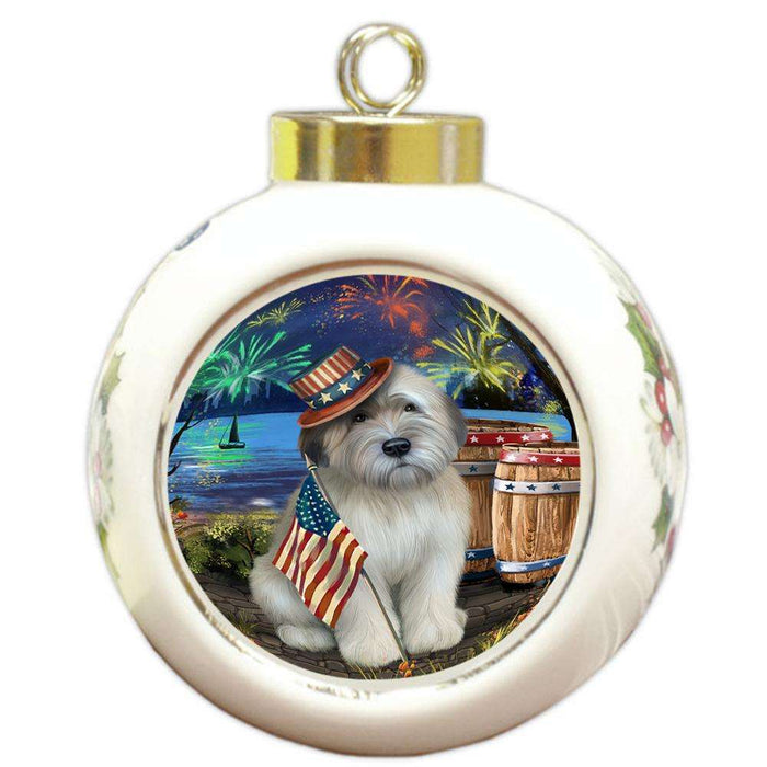 4th of July Independence Day Fireworks Wheaten Terrier Dog at the Lake Round Ball Christmas Ornament RBPOR51254