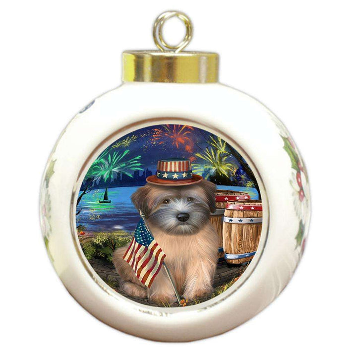 4th of July Independence Day Fireworks Wheaten Terrier Dog at the Lake Round Ball Christmas Ornament RBPOR51255