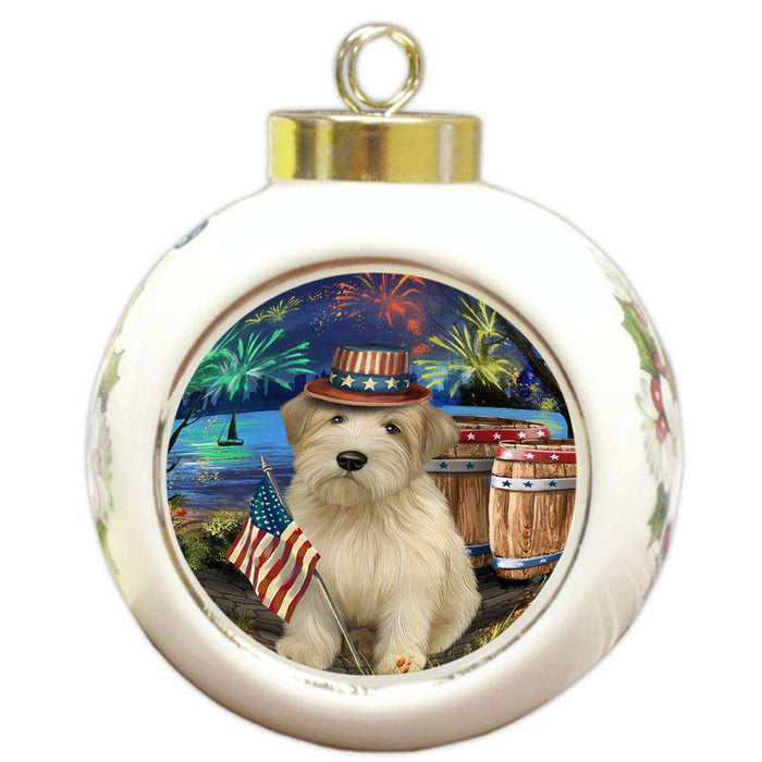 4th of July Independence Day Fireworks Wheaten Terrier Dog at the Lake Round Ball Christmas Ornament RBPOR51256