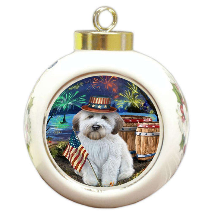 4th of July Independence Day Fireworks Wheaten Terrier Dog at the Lake Round Ball Christmas Ornament RBPOR51257