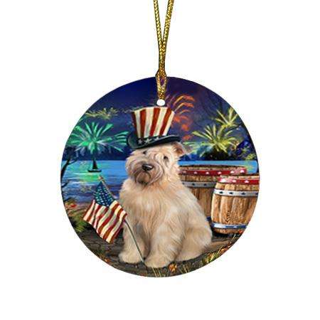 4th of July Independence Day Fireworks Wheaten Terrier Dog at the Lake Round Flat Christmas Ornament RFPOR51244