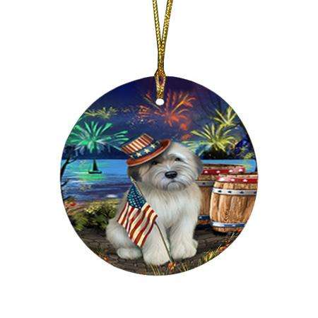 4th of July Independence Day Fireworks Wheaten Terrier Dog at the Lake Round Flat Christmas Ornament RFPOR51245