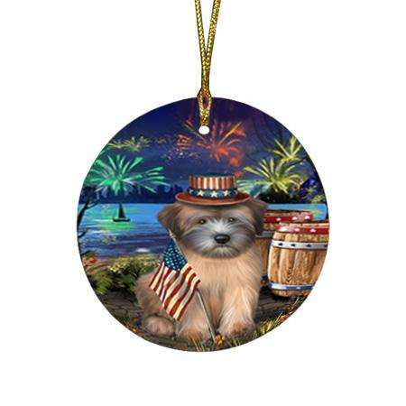 4th of July Independence Day Fireworks Wheaten Terrier Dog at the Lake Round Flat Christmas Ornament RFPOR51246