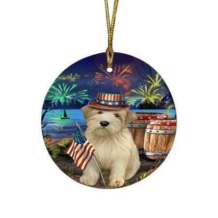 4th of July Independence Day Fireworks Wheaten Terrier Dog at the Lake Round Flat Christmas Ornament RFPOR51247