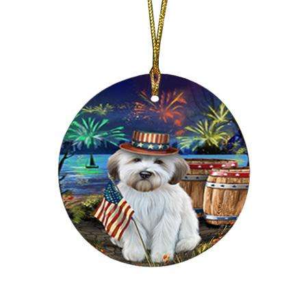4th of July Independence Day Fireworks Wheaten Terrier Dog at the Lake Round Flat Christmas Ornament RFPOR51248