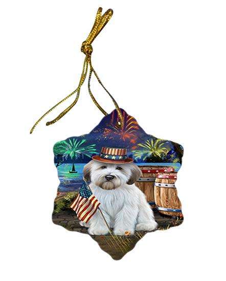 4th of July Independence Day Fireworks Wheaten Terrier Dog at the Lake Star Porcelain Ornament SPOR51249