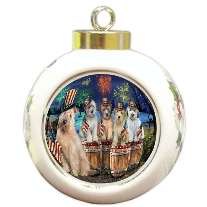 4th of July Independence Day Fireworks Wheaten Terriers at the Lake Round Ball Christmas Ornament RBPOR51060