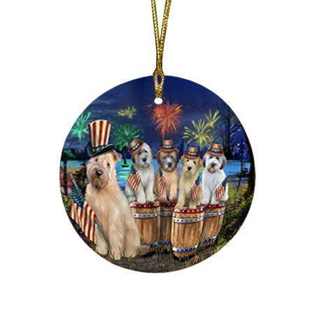 4th of July Independence Day Fireworks Wheaten Terriers at the Lake Round Flat Christmas Ornament RFPOR51051