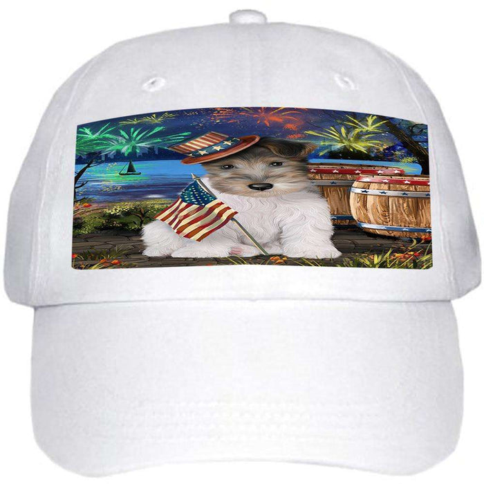 4th of July Independence Day Fireworks Wire Hair Fox Terrier Dog at the Lake Ball Hat Cap HAT57510