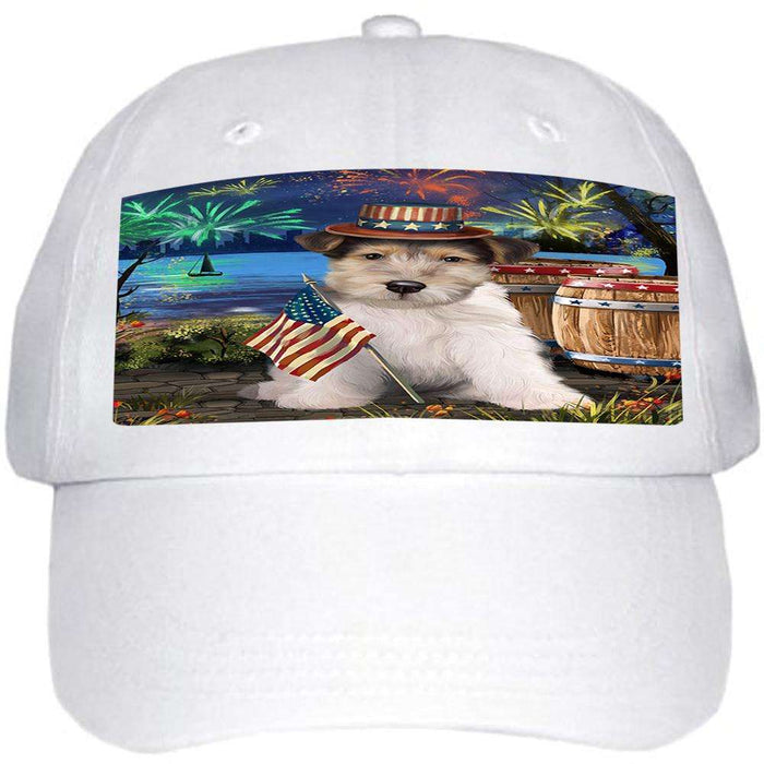 4th of July Independence Day Fireworks Wire Hair Fox Terrier Dog at the Lake Ball Hat Cap HAT57513