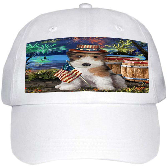 4th of July Independence Day Fireworks Wire Hair Fox Terrier Dog at the Lake Ball Hat Cap HAT57516