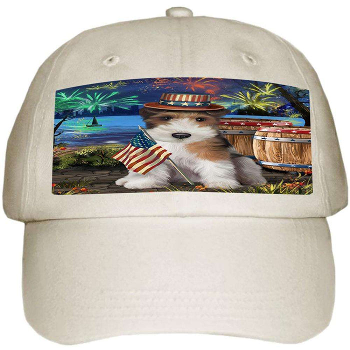 4th of July Independence Day Fireworks Wire Hair Fox Terrier Dog at the Lake Ball Hat Cap HAT57516
