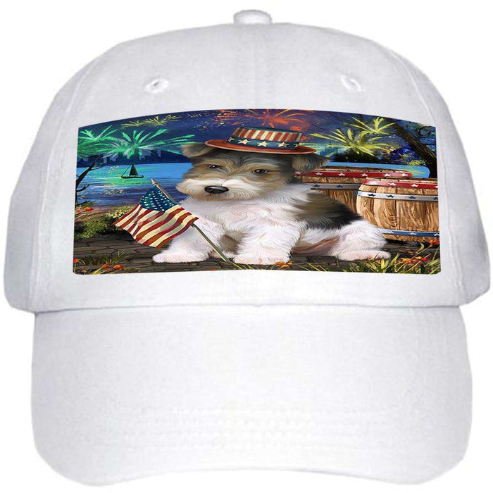 4th of July Independence Day Fireworks Wire Hair Fox Terrier Dog at the Lake Ball Hat Cap HAT57519
