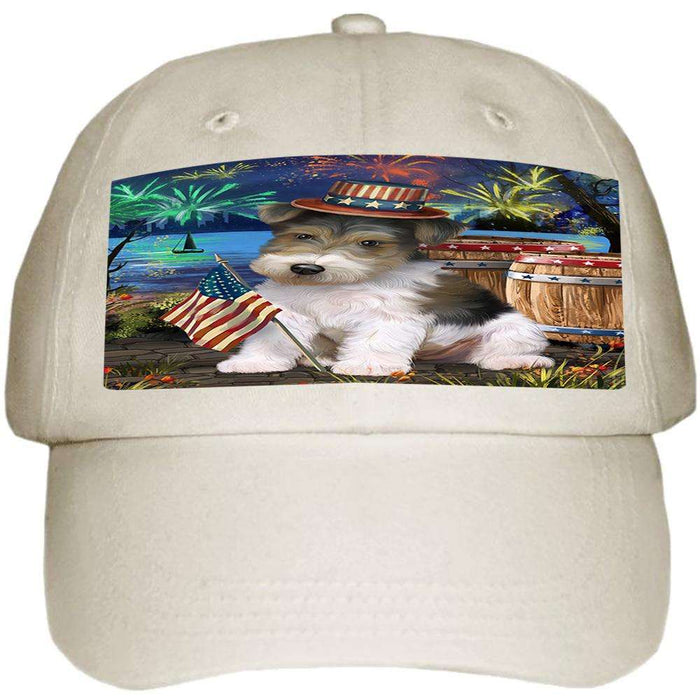 4th of July Independence Day Fireworks Wire Hair Fox Terrier Dog at the Lake Ball Hat Cap HAT57519