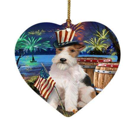 4th of July Independence Day Fireworks Wire Hair Fox Terrier Dog at the Lake Heart Christmas Ornament HPOR51258