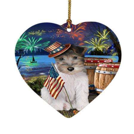 4th of July Independence Day Fireworks Wire Hair Fox Terrier Dog at the Lake Heart Christmas Ornament HPOR51259