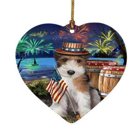 4th of July Independence Day Fireworks Wire Hair Fox Terrier Dog at the Lake Heart Christmas Ornament HPOR51261