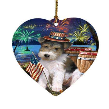 4th of July Independence Day Fireworks Wire Hair Fox Terrier Dog at the Lake Heart Christmas Ornament HPOR51262