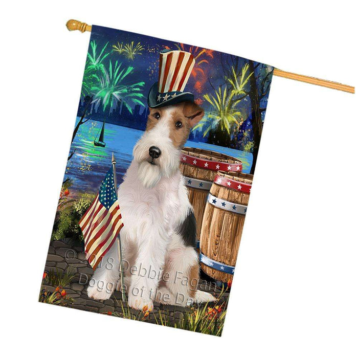 4th of July Independence Day Fireworks Wire Hair Fox Terrier Dog at the Lake House Flag FLG51316