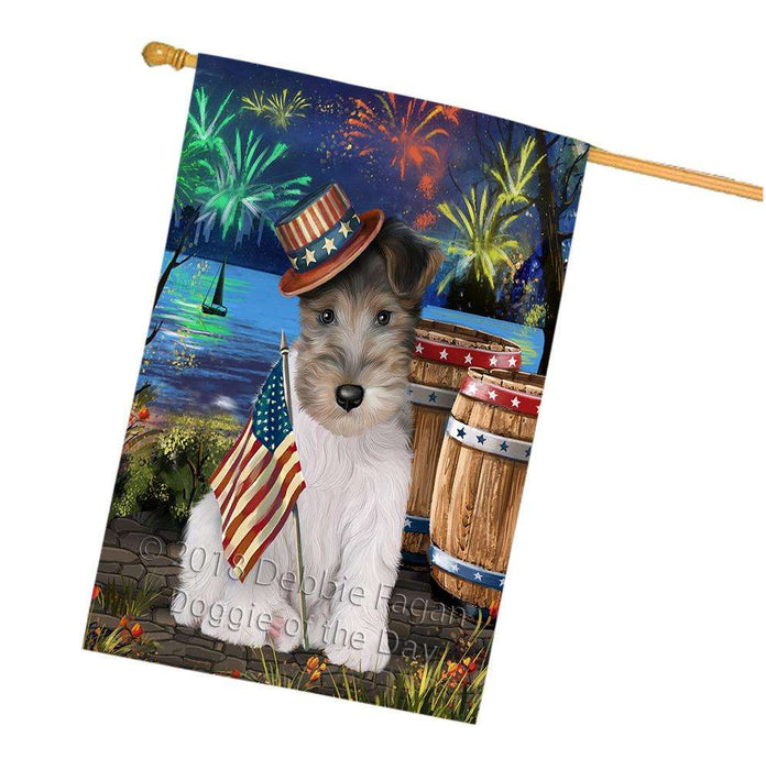 4th of July Independence Day Fireworks Wire Hair Fox Terrier Dog at the Lake House Flag FLG51317