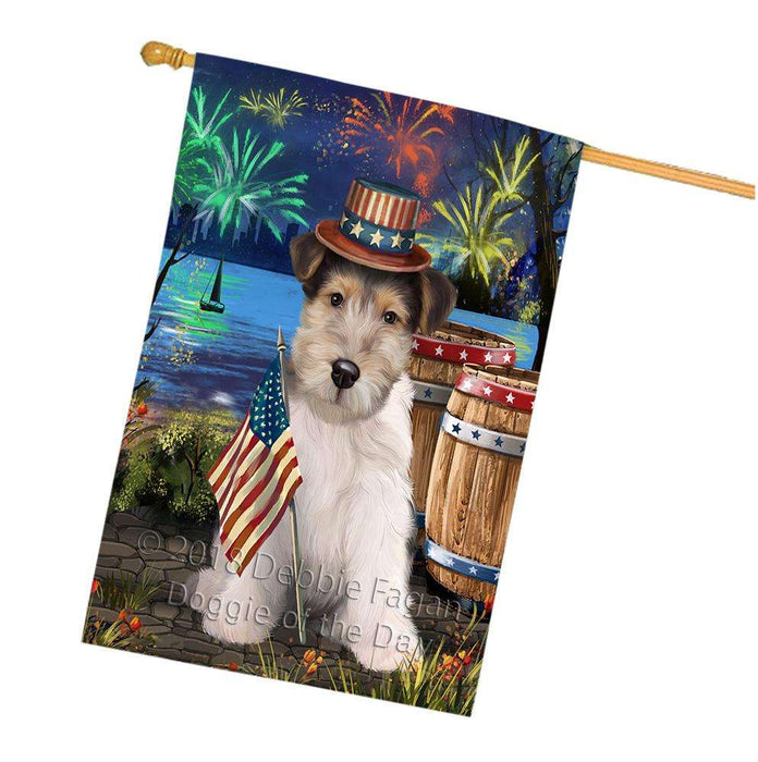 4th of July Independence Day Fireworks Wire Hair Fox Terrier Dog at the Lake House Flag FLG51318