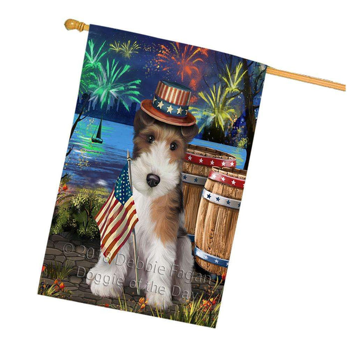 4th of July Independence Day Fireworks Wire Hair Fox Terrier Dog at the Lake House Flag FLG51319
