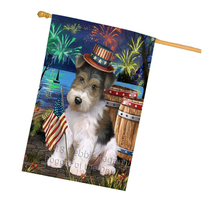 4th of July Independence Day Fireworks Wire Hair Fox Terrier Dog at the Lake House Flag FLG51320