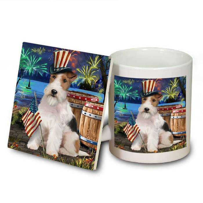 4th of July Independence Day Fireworks Wire Hair Fox Terrier Dog at the Lake Mug and Coaster Set MUC51250