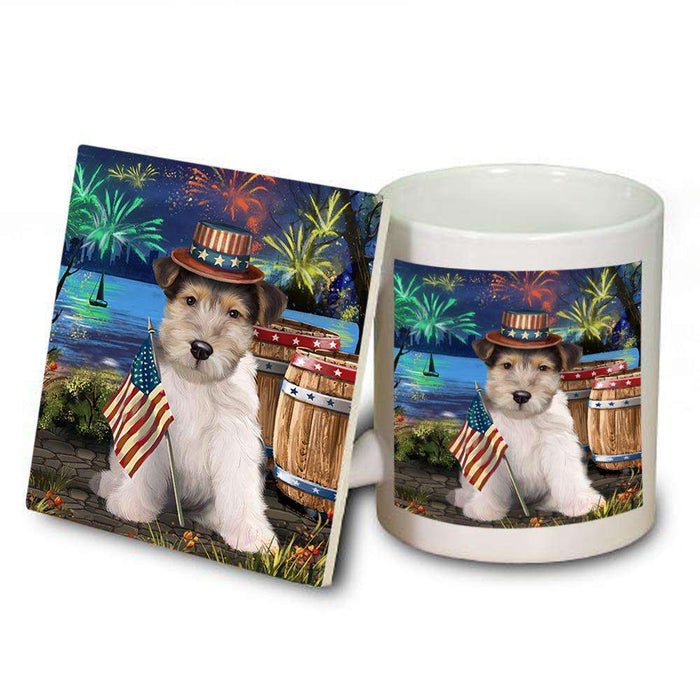 4th of July Independence Day Fireworks Wire Hair Fox Terrier Dog at the Lake Mug and Coaster Set MUC51252