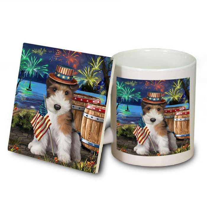4th of July Independence Day Fireworks Wire Hair Fox Terrier Dog at the Lake Mug and Coaster Set MUC51253