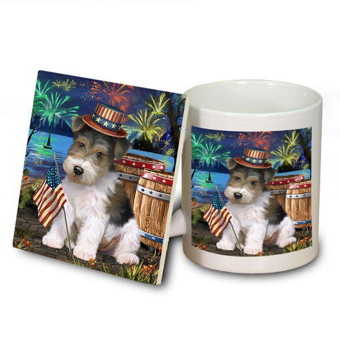 4th of July Independence Day Fireworks Wire Hair Fox Terrier Dog at the Lake Mug and Coaster Set MUC51254