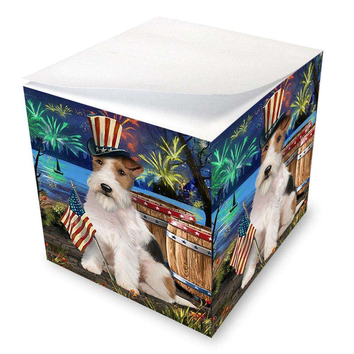 4th of July Independence Day Fireworks Wire Hair Fox Terrier Dog at the Lake Note Cube NOC51258