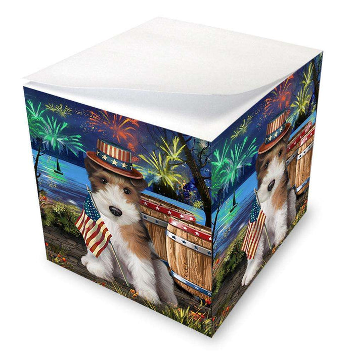 4th of July Independence Day Fireworks Wire Hair Fox Terrier Dog at the Lake Note Cube NOC51261