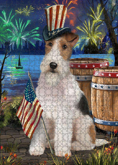 4th of July Independence Day Fireworks Wire Hair Fox Terrier Dog at the Lake Puzzle with Photo Tin PUZL57636