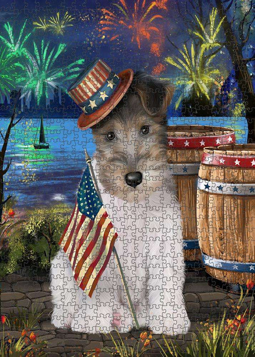4th of July Independence Day Fireworks Wire Hair Fox Terrier Dog at the Lake Puzzle with Photo Tin PUZL57639