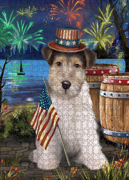 4th of July Independence Day Fireworks Wire Hair Fox Terrier Dog at the Lake Puzzle with Photo Tin PUZL57642