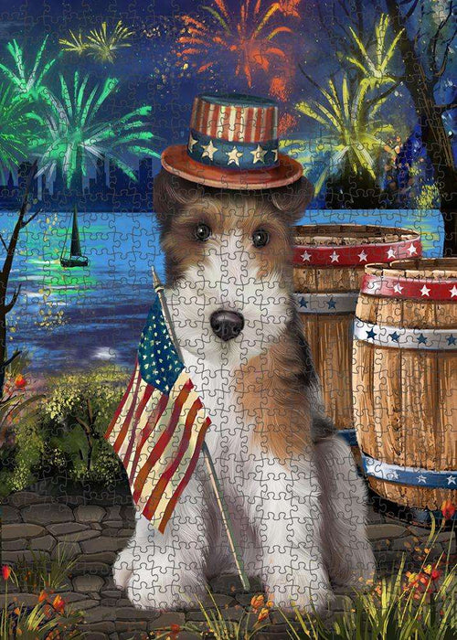 4th of July Independence Day Fireworks Wire Hair Fox Terrier Dog at the Lake Puzzle with Photo Tin PUZL57645
